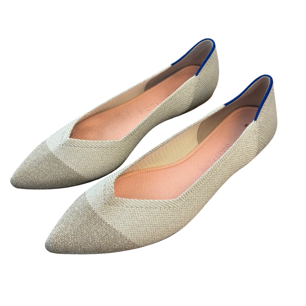 Rothys The Point Metallic Sand Silver Pointed Toe Flats Shoes Womens Size 9